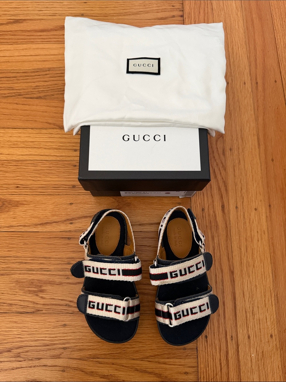 Gucci Kids Black and White Logo Strap Sandals with Red Accent
